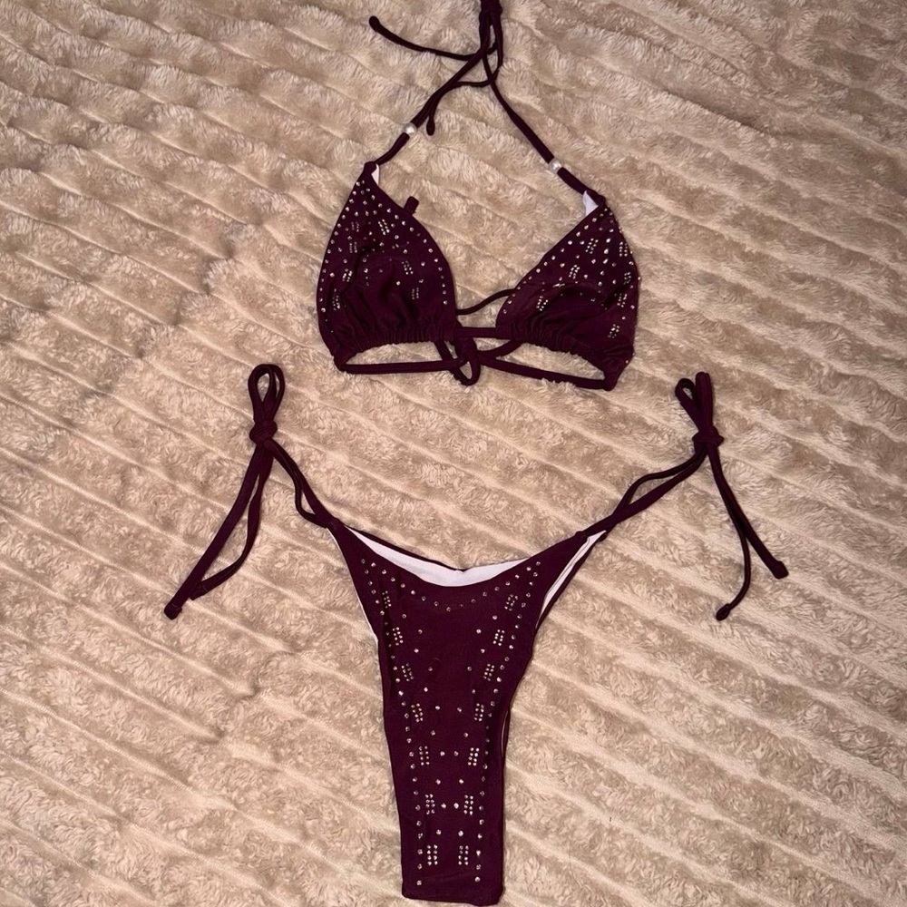 Plunging Triangle String Bikini In Dark Burgundy … - image 2